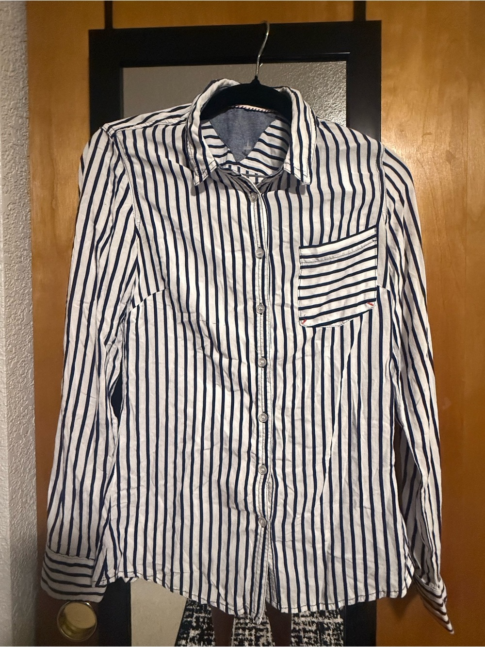 Women’s Navy and White Striped Button-Down Shirt